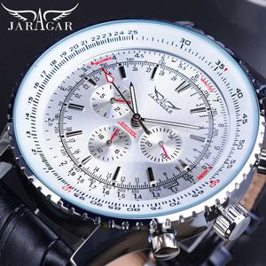 JARAGAR Białe Dial Kompletny kalendarz Zegarek mechaniczny Skórzany zespół Automatyczny Zegarek Luminous Hand Data Man Clock Top Brand Luxury Q0902