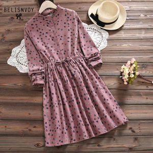 Robe Femme Spring Autumn Vintage Vestidos Women Elbise Casual Loose Long Sleeve Leaves Printed Drawstring Waist Dresses 210520