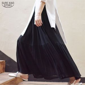 Mulheres linho algodão longa saias praia vintage elegante verão elástico cintura plissada maxi faldas 9958 210506