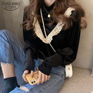 Doce preto camisa de renda mulheres outono versátil retrô mulher blusa ouro veludo estilo de veludo estilo de manga comprida top blusas 12494 210508