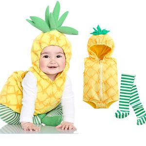 Tulumlar Güzel Sevimli Bebek Romper Giysileri Set Ananas Şekilli Sahne Performansı Zip-up Kapüşonlu Romper + Çizgili Çorap Kız Erkek Kostüm