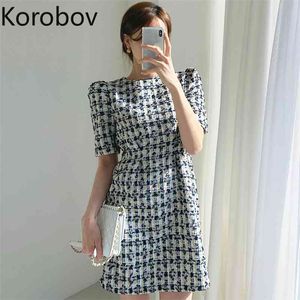 Korobov koreanska chic plaid vintage ol klänning o neck puff kortärmad a-line kvinnliga klänningar elegant hög midja vestidos robe femme 210430