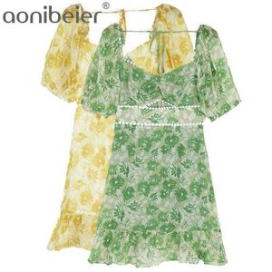 Summer Casual Flower Print Hollow Out High Waist Ruffles Dress Puff Sleeve Sweetheart Mini Women Chiffon 210604