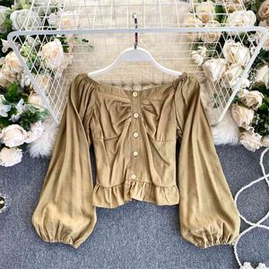 Lady Fashion Retro Autumn Blouse Women Slash Neck Long Lantern Sleeve Sexy Short Tops Solid Color Blusas De Mujer P872 210527