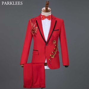 Röd Diamond Floral Män Passar För Bröllop Mens Passar 3 Piece Blazer + Pant + Bow Tie Fashion Tuxedo Men Passar Set Stage Kostym Homme X0909