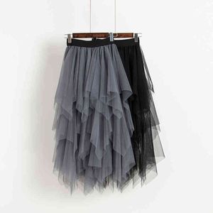 Qooth Spring Summer Female Voile Skirts Women's Solid color Elastic Waist Irregular Mesh Pleated Skirt Black GreyQH1772 210518