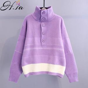 H.SA Turtleneck de inverno para mulheres jumpers chiques lanterna manga puxar camisola alto pescoço listrado grandes tops 210417