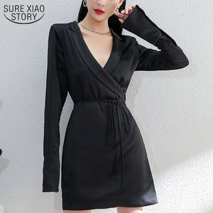 Temperament Hip Sukienka Z Długim Rękawem Dojeżski Letnie Kobiety Suit Black V-Neck Feminine Vestido 13273 210508