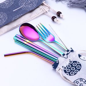 Creative Titanium Plated Portable Tableware 5-piece True color 304 Stainless Steel Spoon Chopsticks Set Straw Combination