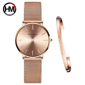 Full Rose Gold 1 Set Armband Watch Japan Quartz Creative Design Vattentät Rostfritt Stål Mesh Ladies Klockor Relogio Feminino