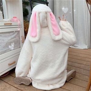 Deepown Kawaii Hoodies Kadınlar Kış Boy Moda Bunny Kulakları Kazak Kadınlar Uzun Kollu Sevimli Sıcak Zip Up Hoodies Tops 210928