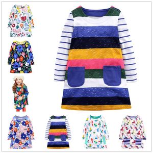 Meninas listradas meninas vestido de algodão crianças vestidos de uma peça vestidos de manga longa comprimento de joelho de garota de roupa de garota roupas de blusa outfits 1-7year 210413