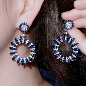 Gorgeous Luxury Brand Round Drop Big Long Blue Cubic Zirconia Crystal Wedding Party Earrings for Women Jewelry CZ857 210714