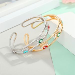 1PC Vintage Crystal Turkish Evil Eye Bangle For Women Bohemian Simple Eyelashes Hollow Open Bracelet Turkey Jewelry