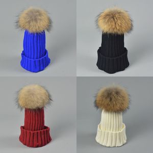 Desenhador senhoras de malha costela beanies real guaxinim cachorro cão esferográfica bebida fancy linf pomp winters homens miúdos crânio slocky slouchy tampão preto cinzento cor-de-rosa 12 cor