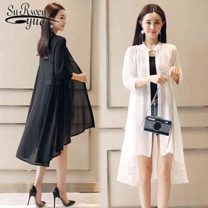 Summer Chiffon Blouse Women Sun Protection Shirt Loose Blouses Plus Size Transparent Kimono Cardigan Boho Black White Shirt 4534 210417