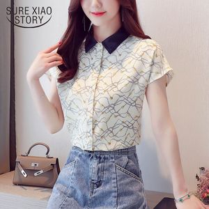Estilo coreano impresso blusa de chiffon feminino contraste de manga curta camisa de manga curta girar collar ol 9455 50 210508