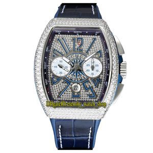 TWF V45 DT YACHT ETA SA7750 Chronograph Otomatik Erkek İzle Gypsophila Buzlu Diamond Dial Yuvarlak Şekil Kesim Elmas Kılıf Deri Sonsuzluk Kronometre Saatler