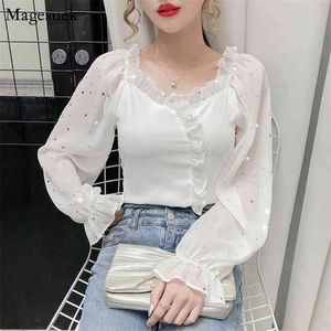 Jesień Vintage Latarnia Z Długim Rękawem Top V-Neck Slim Szyfonowa Biała Bluzka Ruffles Cekiny Kobiety Koszule Blusas de Mujer 11419 210512