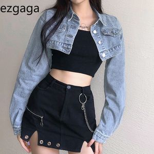 Ezgaga Jeanジャケットの女性の長袖の追加短いパッチワークポケットシングルブレスト女性デニムトップス服カジュアルストリートウェア210430