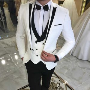 Branco magro apto homens ternos para o noivo 3 peça jaqueta de moda masculina de peito duplo com calças pretas smoking de casamento 2021 x0909