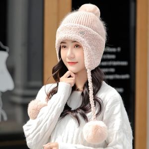 Beanie/Skull Caps 3# Winter Cashmere Beanies Hat Women Windproof Outdoor Warm Ear Knit Splicing Cap Solid Color Pompom Furry Balls Warmer