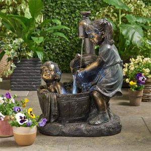 Garden Decorations Boy & Girl With Fireflies Statue Resin Jar Whimsical Flowerbed Yard Patio Outdoor Sculpture Waterproof