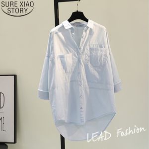 Корейский BF стиль женской блузки хлопчатобумажные женские рубашки плюс размер свободная одежда весна винтаж с длинным рукавом синие блузки Bluss 12616 210417