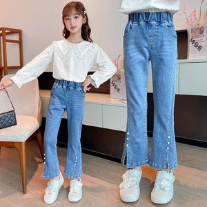 Jeans moda para meninas divididas com design de pérola primavera outono chegadas roupas adolescente azul de alta qualidade denim flare calças