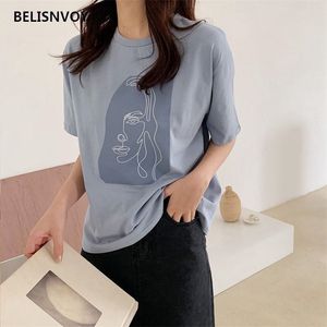 Summer Abstract Human Face Printed Women T-shirt Fashion Short Sleeve Top White Tees Round-neck Japanese Sweet Female Tops 210520