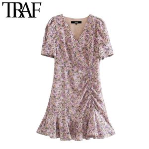 TRAF Women Chic Fashion Floral Print Ruffled Mini Dress Vintage Puff Sleeve With Lining Female Dresses Vestidos Mujer 210415