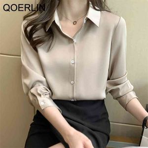 Elegante OL Formale Satin Hemd Frauen Mode Allgleiches Langarm Büro Damen Plus Größe Tasten Tops S-2XL 210601