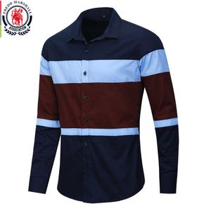 Фредд Маршалл Мужчины Социальные рубашки Повседневная Slim Fit Color Block С Длинным Рукавом Лоскутная полоса Рубашка 100% Хлопок Хлопок Homme 210527