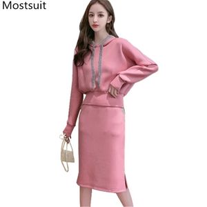 秋2個セット衣装女性タッセルフード付きスウェットシャツ+鉛筆スカートスーツカワイイファッションレディース2フェムメ210513
