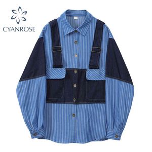 Striped Spliced Denim Shirt Coat Women Long Sleeve Streetwear BF Oversized Single Breasted Retro Jacket Lapel Ins Tide Tops 210417