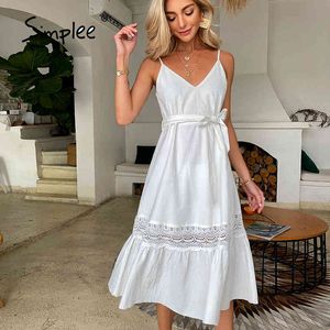 Seksowna Biała Podwiązka V-Neck Casual Lato Wysoka Talia Bez Rękawów Sznurowadło Kobiety Dresses Moda Solidna Elegancka Dress 210414