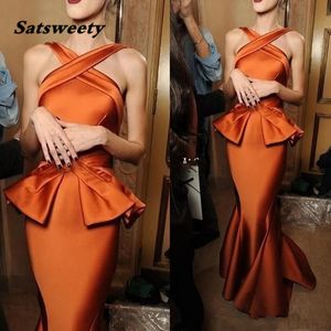 2021 Mermaid Evening Dresses Long Abiye Satin Ruffles Peplum Formell Klänning Orange Robe de Soiree Party Prom Crows