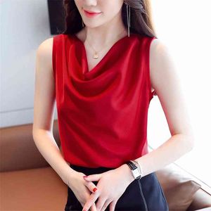 Korean Silk Women Blouses Tops Satin Shirt Woman Sleeveless V Neck Top Plus Size Blusas Mujer De Moda 210531