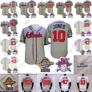 1995 World Series Jersey Vintage Bobby Cox Javy Lopez Chipper Jones David Justice John Smoltz Tom Glavine John Rocker Maddux White Gray Size S-3XL