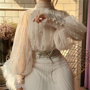 Fashion Autumn Women lace bottoming shirt Sweet Beads Bubble Sleeve Pearls Button Gauze Ladies Elegant Mesh Blusas Tops