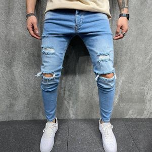 Men casual jeans Knee Holes Fashional Slim denim Pencil Pants Bleached hiphop Ripped Washed Middle Waist high quality