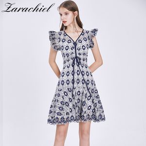 Fashion Crochet Hollow Out Flower Embroidery Women Elegant V-Neck Butterfly Sleeve Bow Dress Female Lace Mermaid Dresses 210416