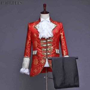 Mens Classic Fashion Five-Piece Set Suit (Jacket+Pants+Vest+White Collar+Sleeve Flowers) Court Prince Cosplay Costume Red 210522