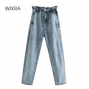 Wixra Casual Frauen Denim Hosen Hohe Elastische Taille Taschen Vintage Hosen Damen Streetwear Solide Mom Jeans 210915
