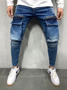 Män stretchig multi-fickig mager jeans män fick blixtlås blyerts byxor mode jeans casual byxor hip hop tröjor 220314