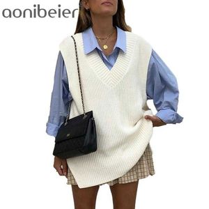 Ladies V Neck Sleeveless Sweater Women Vest Knitted Jumper Autumn Winter Casual White Loose Pullover Tops Female 210604