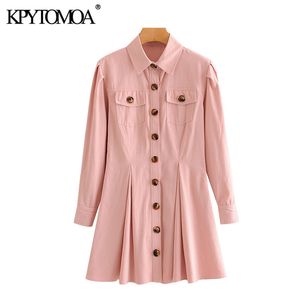 Women Chic Fashion Button-up Pleated Mini Dress Vintage Long Sleeve Patch Pockets Female Dresses Vestidos Mujer 210416