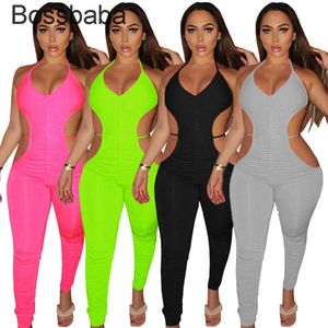 Designer été femmes Sexy combinaisons solide plissé évider sans manches Onesies mode Leggings décontractés barboteuses 835