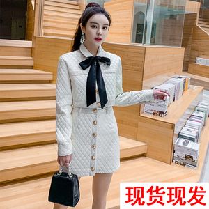 Autumn Fashion design women's turn down collar cute bow patched velvet fabric cotton-padded short jacket and skirt 2 pcs dress twinset suit SML