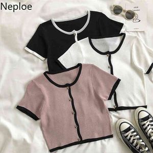 Neploe Koreanische Strickjacke T-shirts Kurzarm Cropped Tops Frau Tees Mode Sommer Femme Patchwork T 210720